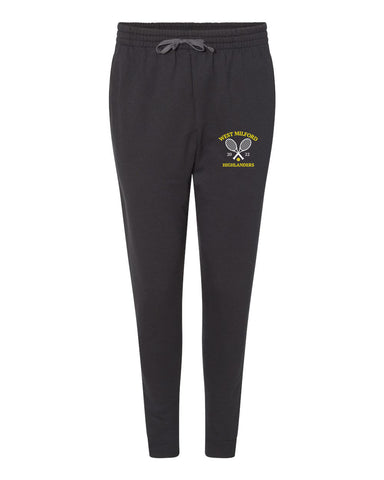 West Milford Tennis Black & Gold Flannel PJ Style Pants w/ Black & Athletic Gold Print down Leg.