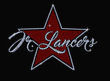 jr lancers competition cheer heavy cotton black shirt w/ spangle star design on front.