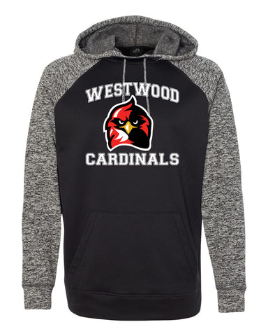 Westwood Cardinals Black Jersey Raglan Crewneck Shirt w/ 2 color Cardinals Crossed Sticks Design on Front.