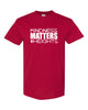 heights red short sleeve tee w/ kindness matters design in white on front.