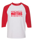 heights white/red raglan tee w/ kindness matters design in red on front.