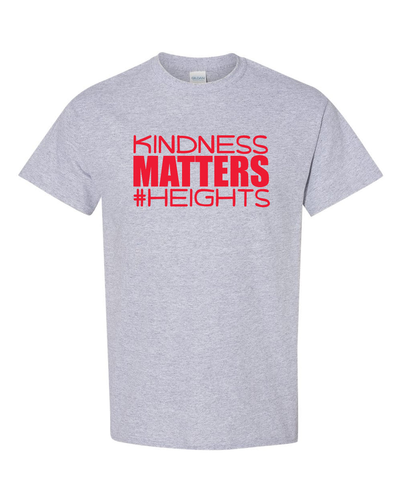 heights sport gray short sleeve tee w/ kindness matters design in red on front.