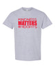 heights sport gray short sleeve tee w/ kindness matters design in red on front.