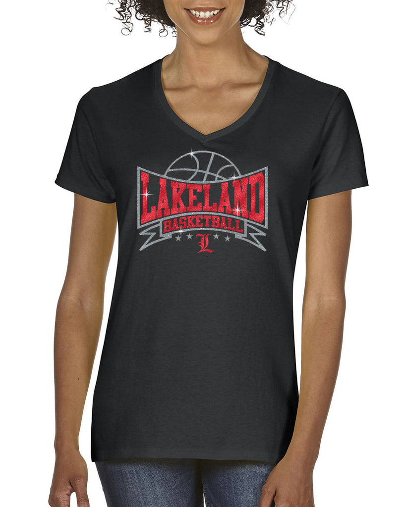 lakeland basketball black heavy blend shirt w/ lakeland basketball v3 logo on front in glitter.