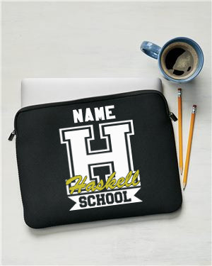 haskell school liberty - neoprene 13" laptop sleeve - 1713 w/ haskell school "h" logo on front.