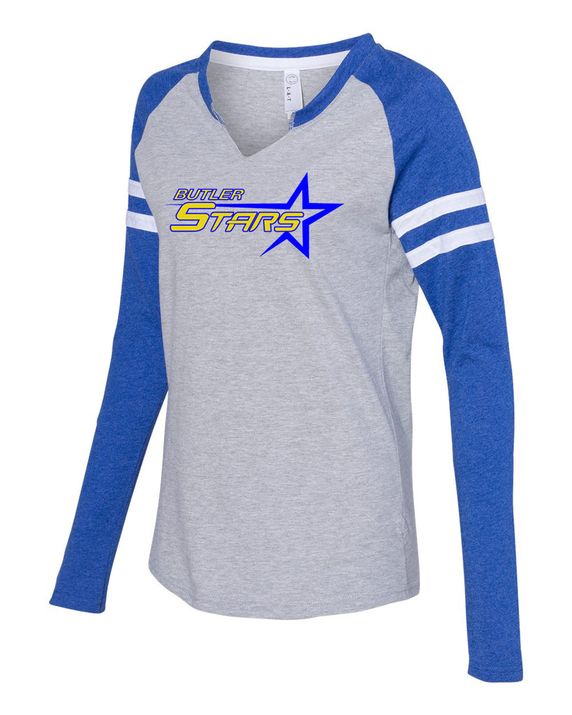 butler stars lat - women's fine jersey mash up long sleeve t-shirt - 3534 w/ 2 color design on front.