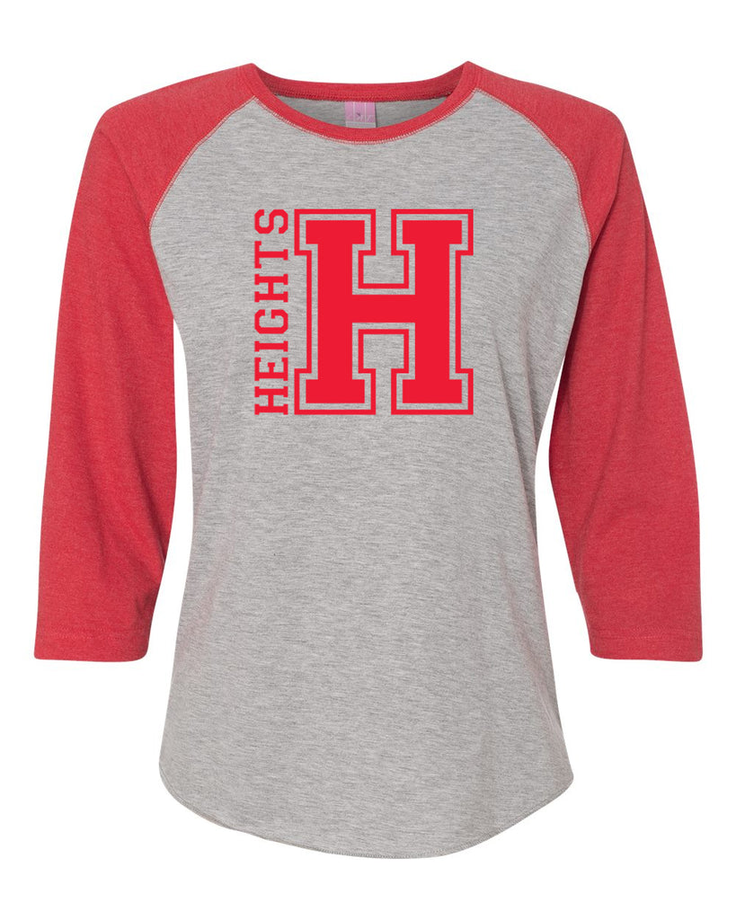 heights lat - women's baseball fine jersey three-quarter sleeve tee - 3530 tee w/ heights og design in red on front.