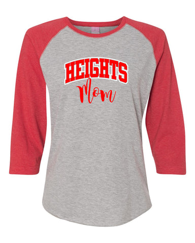 Heights LAT - Women's Baseball Fine Jersey Three-Quarter Sleeve Tee - 3530 Tee w/ Heights OG Design in Red on Front.