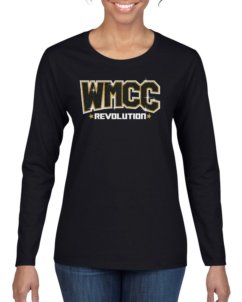 wmcc black long sleeve tee w/ wmcc logo in 3 color glitter on front.