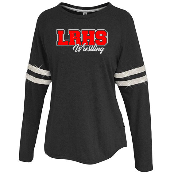 lakeland wrestling sparkle stripe crew shirt w/ lakeland wrestling lrhs w/ "l" logo on front.