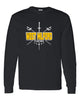 west milford fencing black long sleeve tee w/ wm crossed swords design on front.