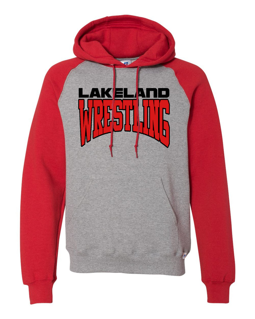 lakeland wrestling raglan hooded sweatshirt w/ lakeland wrestling logo on front.