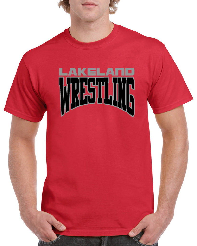 lakeland wrestling red heavy blend shirt w/ lakeland wrestling silver & black logo on front.