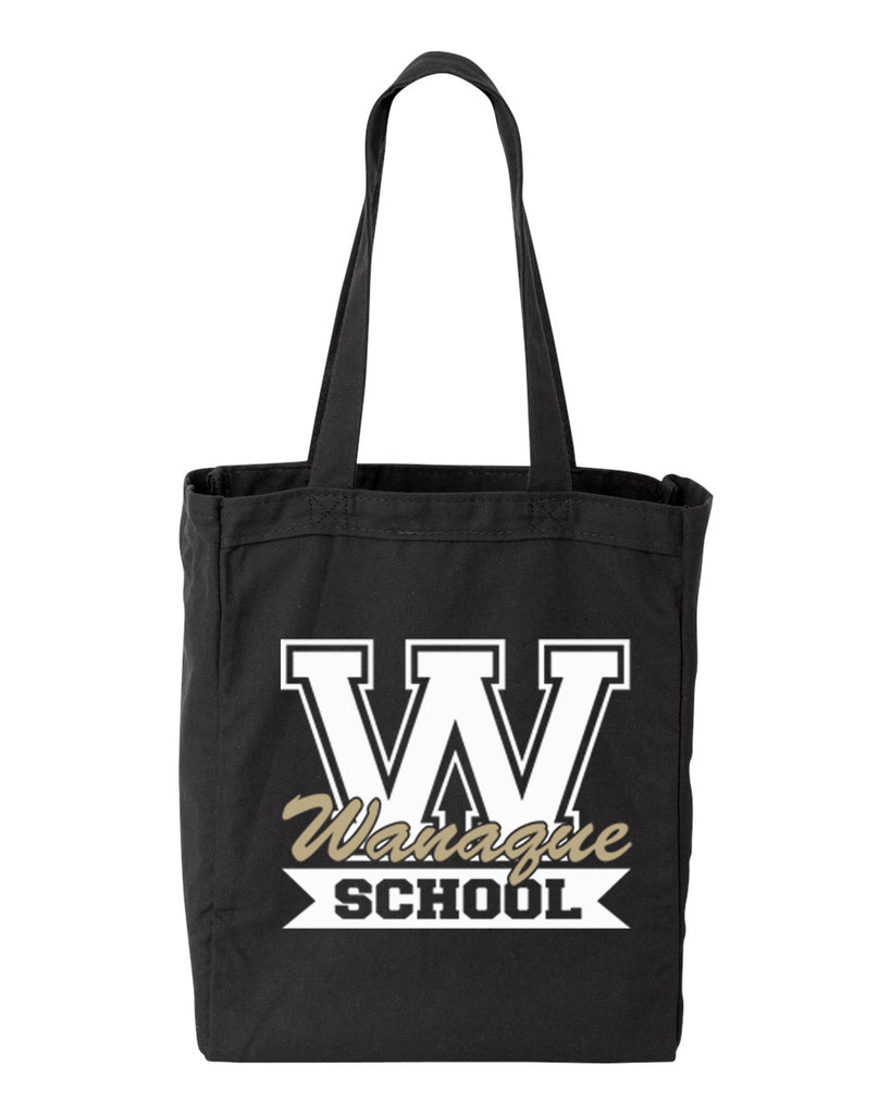 wanaque school black 10 ounce gusseted cotton canvas tote w/ wanaque school "w" logo on front.