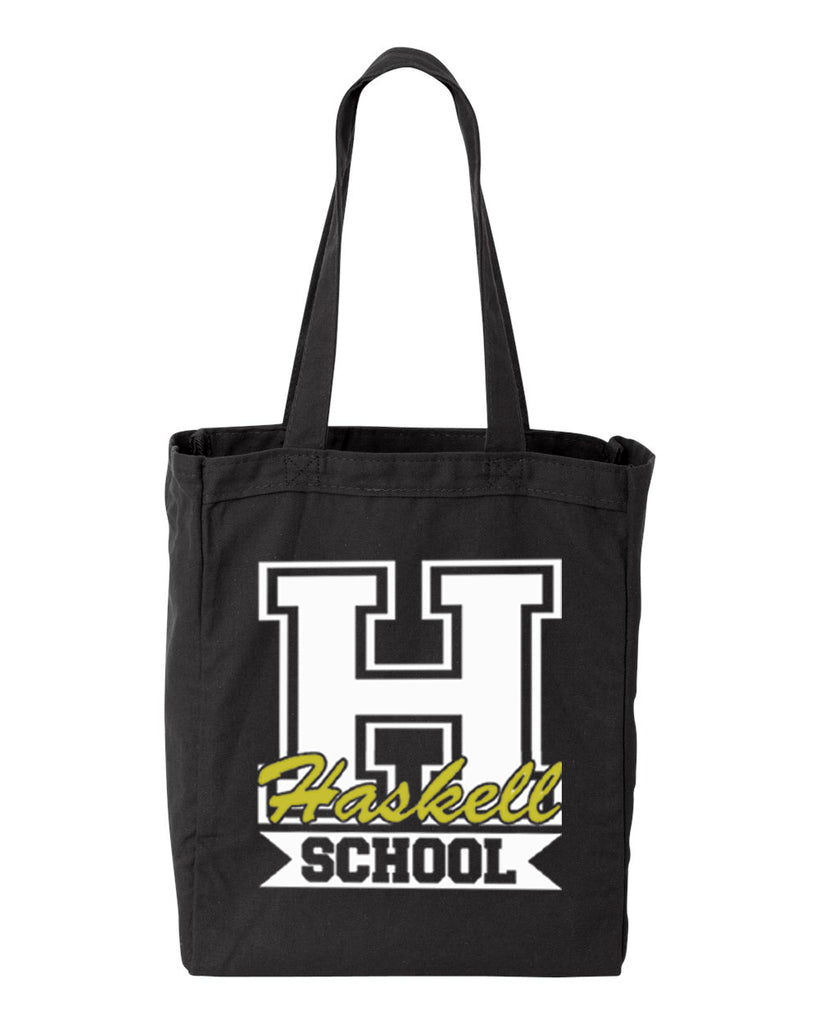 haskell school black 10 ounce gusseted cotton canvas tote w/ haskell school "h" logo on front.