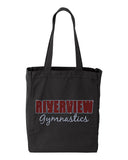 riverview gymnastics black 10 ounce gusseted cotton canvas tote w/ spangle 2 color logo on front.