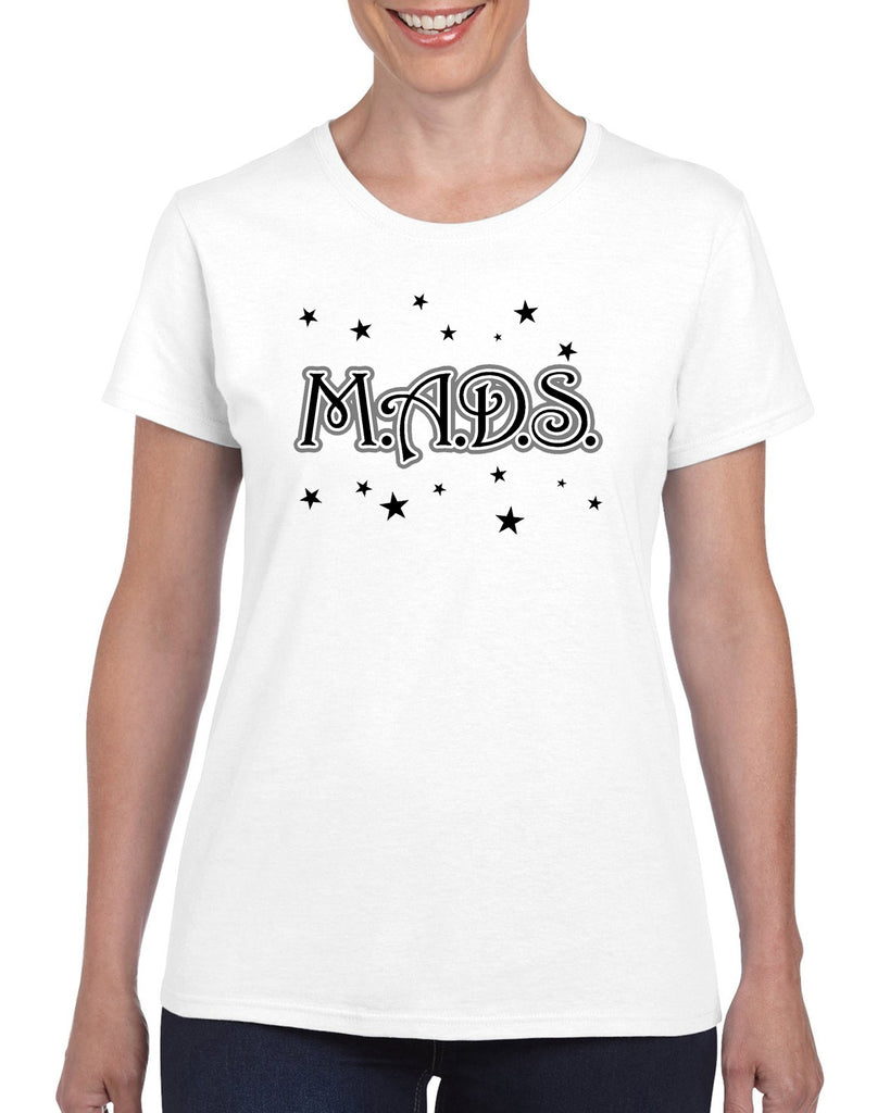 mads white short sleeve t-shirt w/ mads stars design on front.