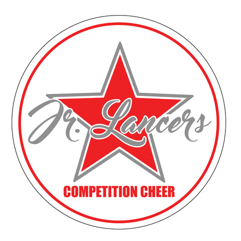 Jr Lancers Competition Cheer Heavy Cotton White Shirt w/ Cheerleading 2 Color Design on Front.