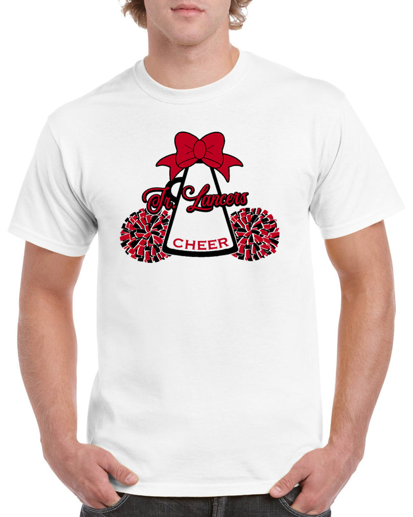 jr lancers competition cheer heavy cotton white shirt w/ mega bow 2 color design on front.