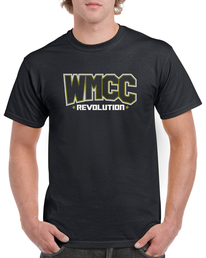 wmcc black short sleeve tee w/ wmcc logo in 2 color print (non-glitter) on front.