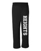 heights black open bottom sweat pants w/ heights down left leg.