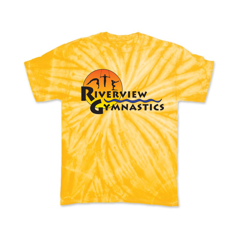 riverview gymnastics cyclone tie dye short sleeve tee w/ full color logo on front.