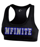 nfinite oc chasse black raceback sports bra w/ nfinite spangle logo on front.