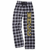 wmcc black & white flannel pj style pants w/ black & gold flat print logo down leg.
