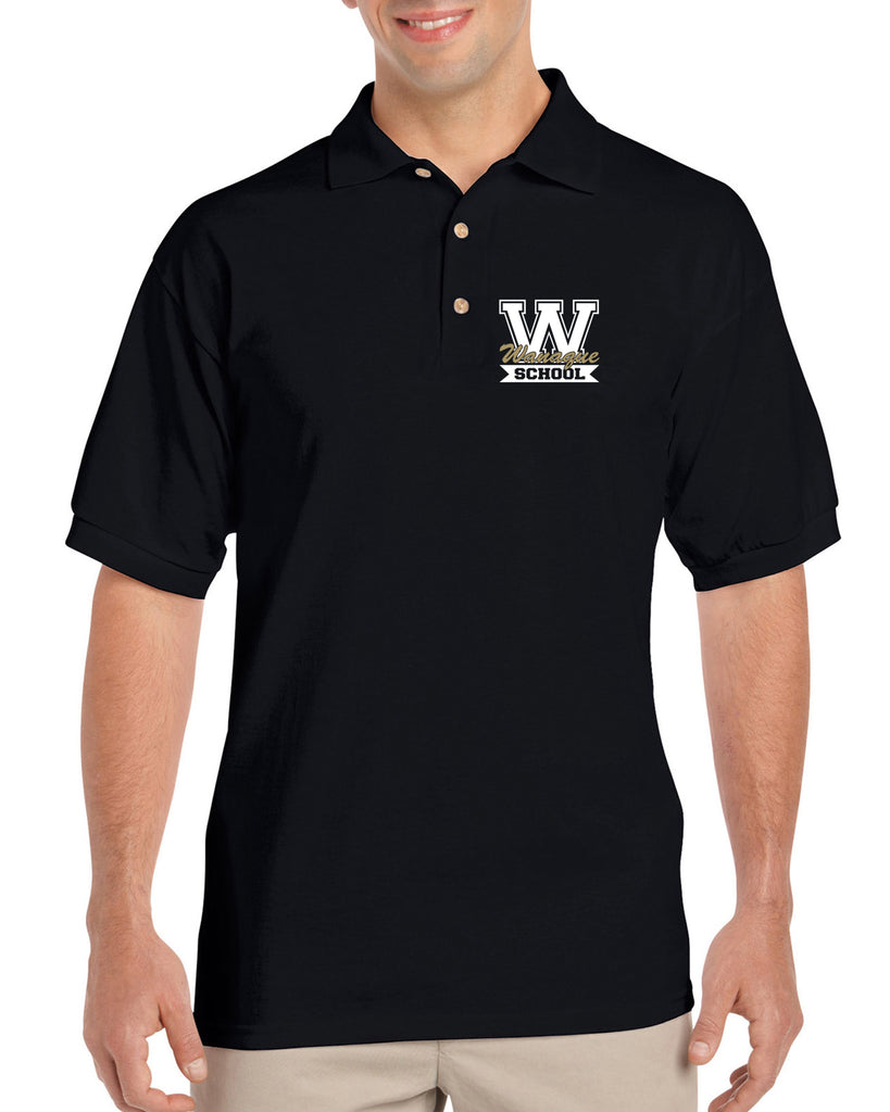 wanaque school black short sleeve polo sport shirt w/ wanaque school "w" logo on front left.