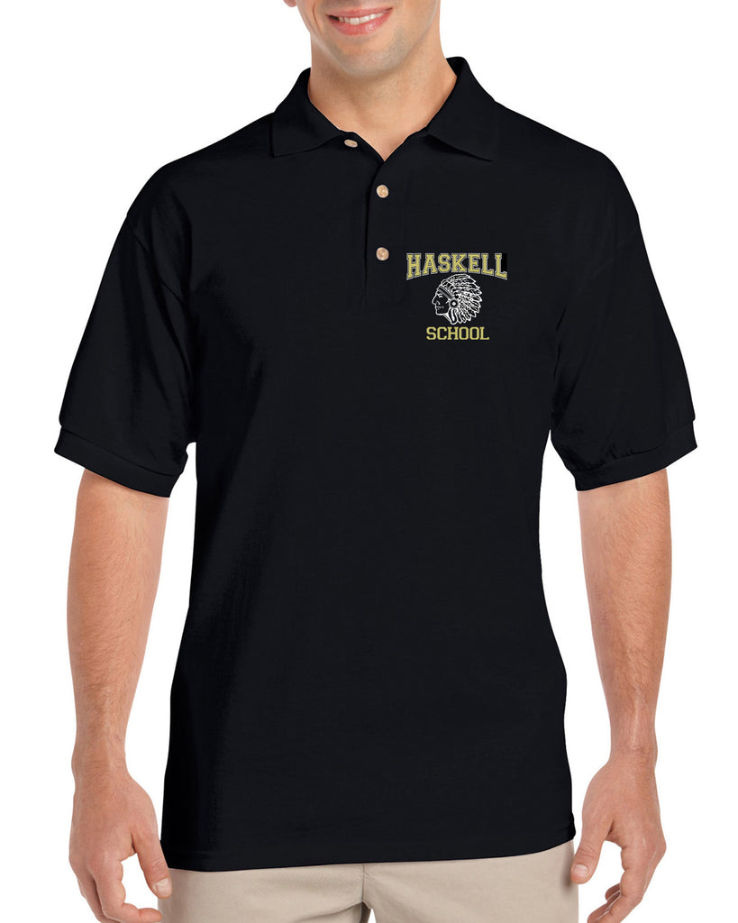 haskell school black short sleeve polo sport shirt w/ haskell school indian logo on front left.