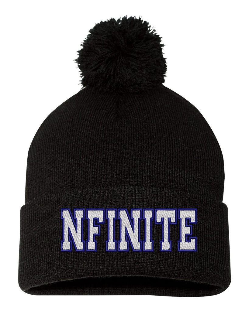 nfinite sportsman - black pom-pom 12" knit beanie - sp15 w/ nfinite logo on front.