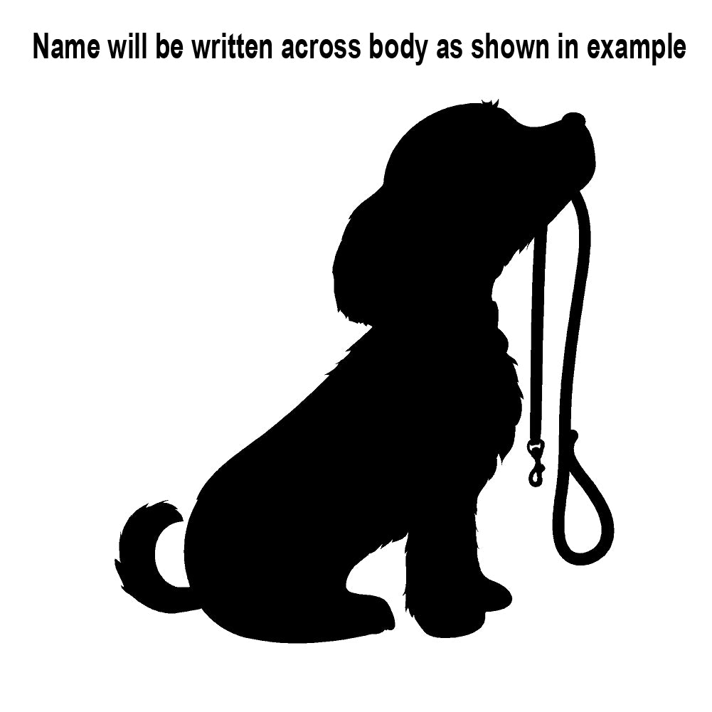 custom puppy holding leash w/ name single color transfer type decal
