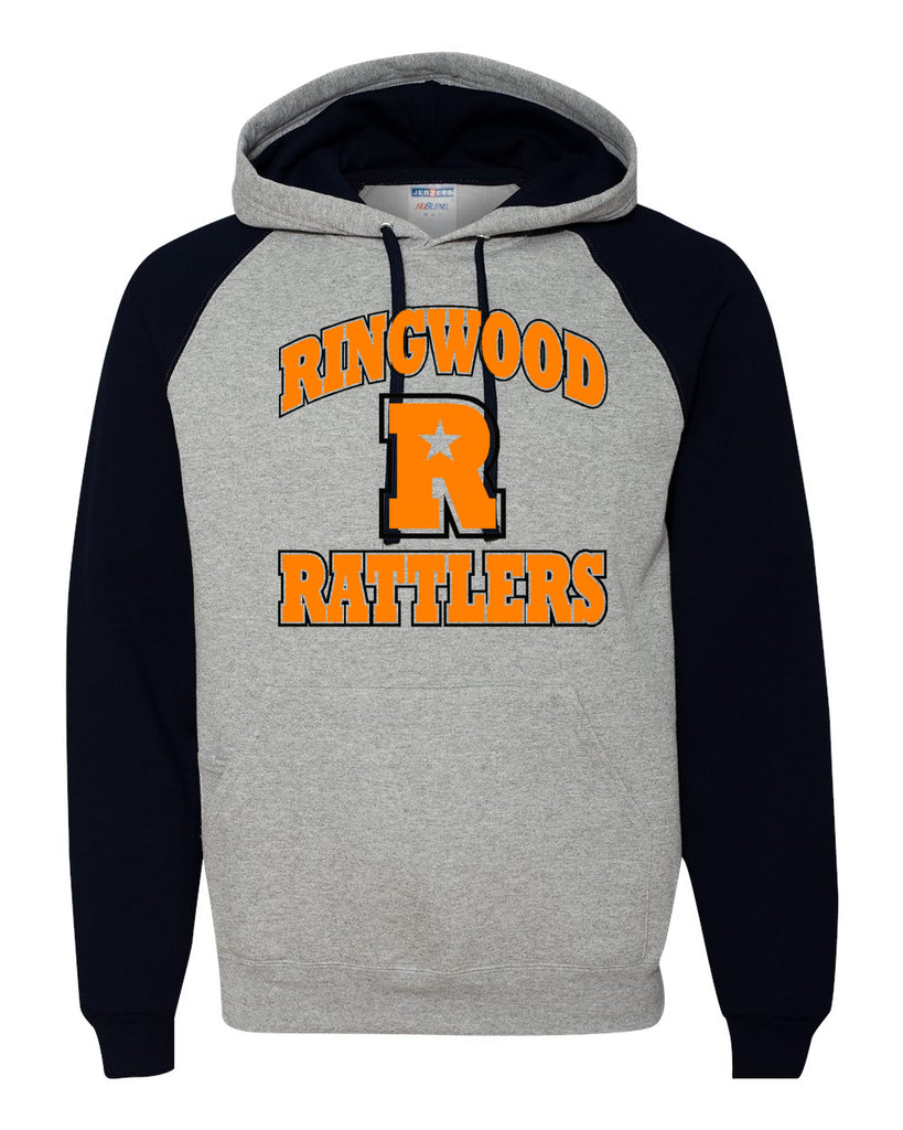Ringwood Rattlers Black/Oxford JERZEES - Nublend® Colorblocked Raglan Hooded Sweatshirt - 96CR w/ 2 Color RATTLERS Design on Front