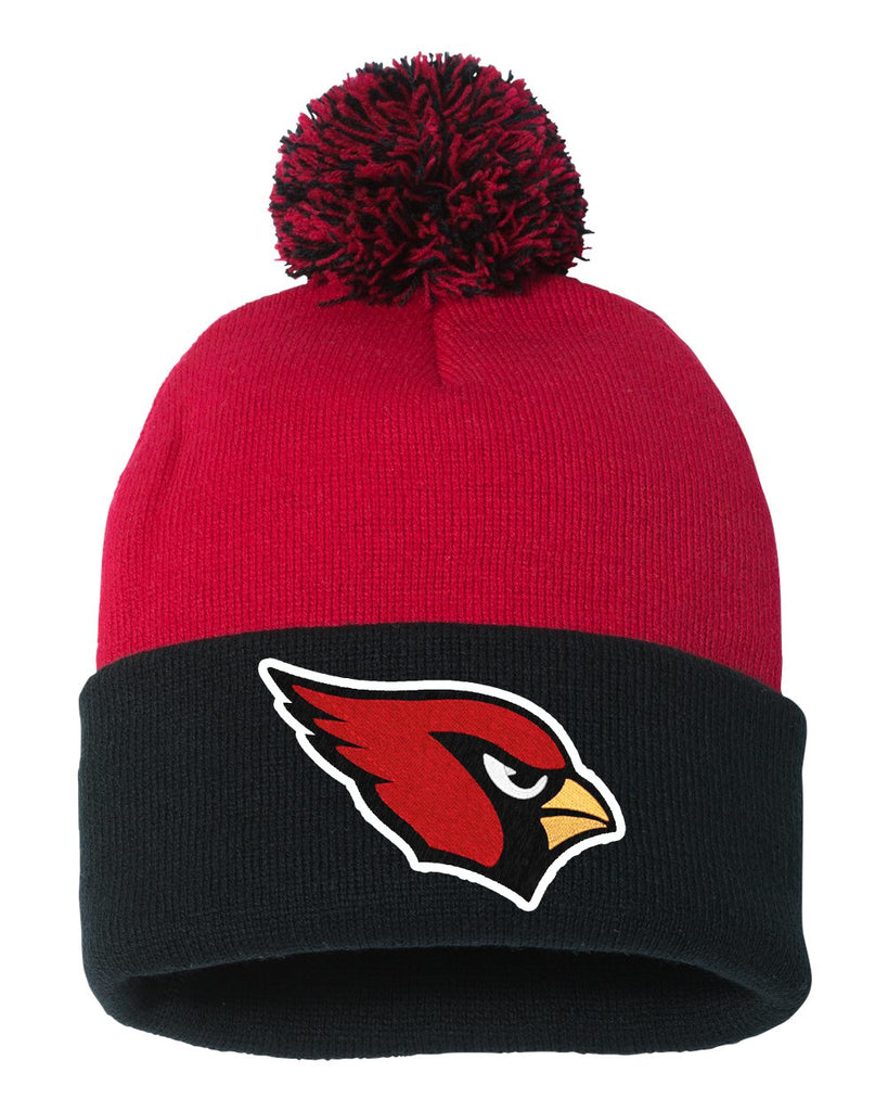 westwood cardinals sportsman - pom-pom 12" knit beanie - sp15 w/ cardinal head design.