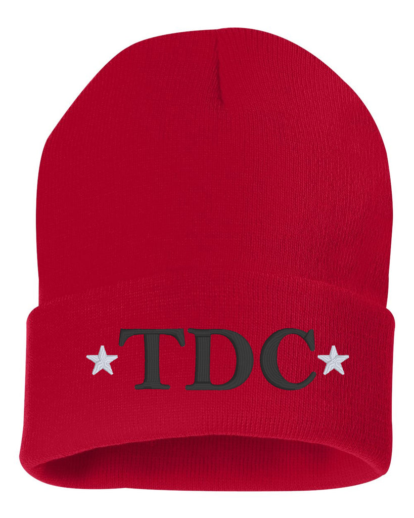 tdc sportsman - solid red12" cuffed beanie - w/ logo embroidered on front.