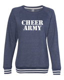 cheer army women’s navy relay crewneck sweatshirt - 8652 w/ white stencil logo on front.
