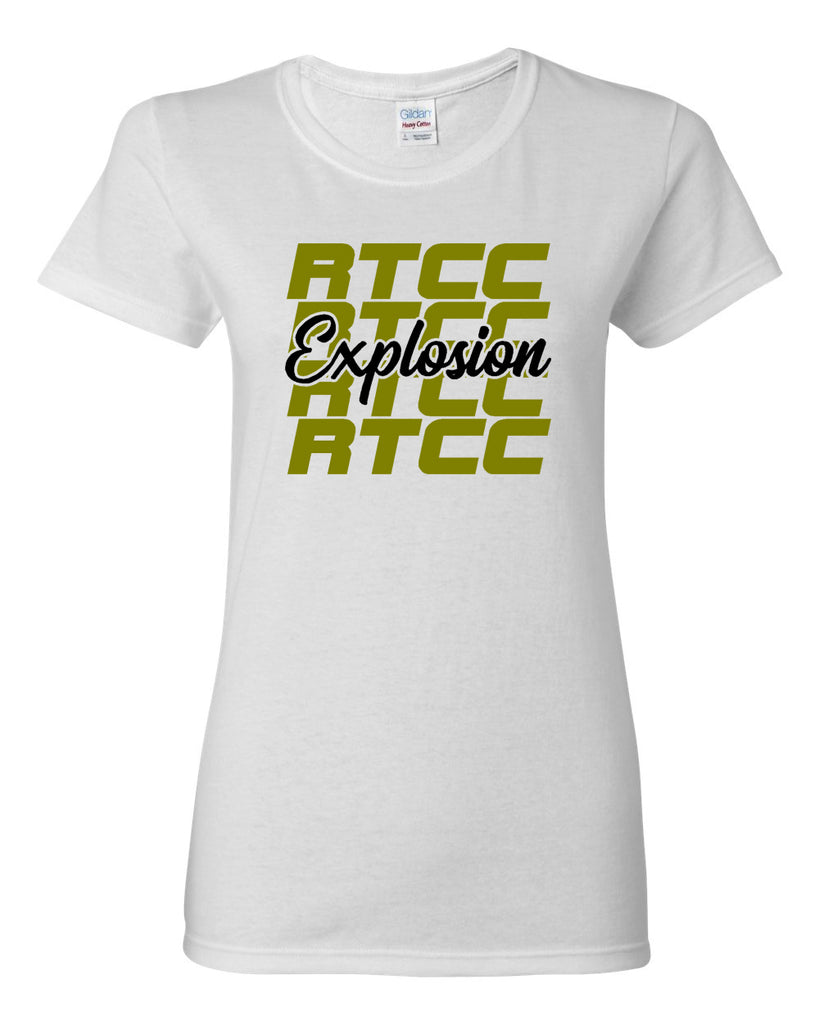 rtcc white t-shirt w/ rtcc explosion repeat 2 color logo on front.