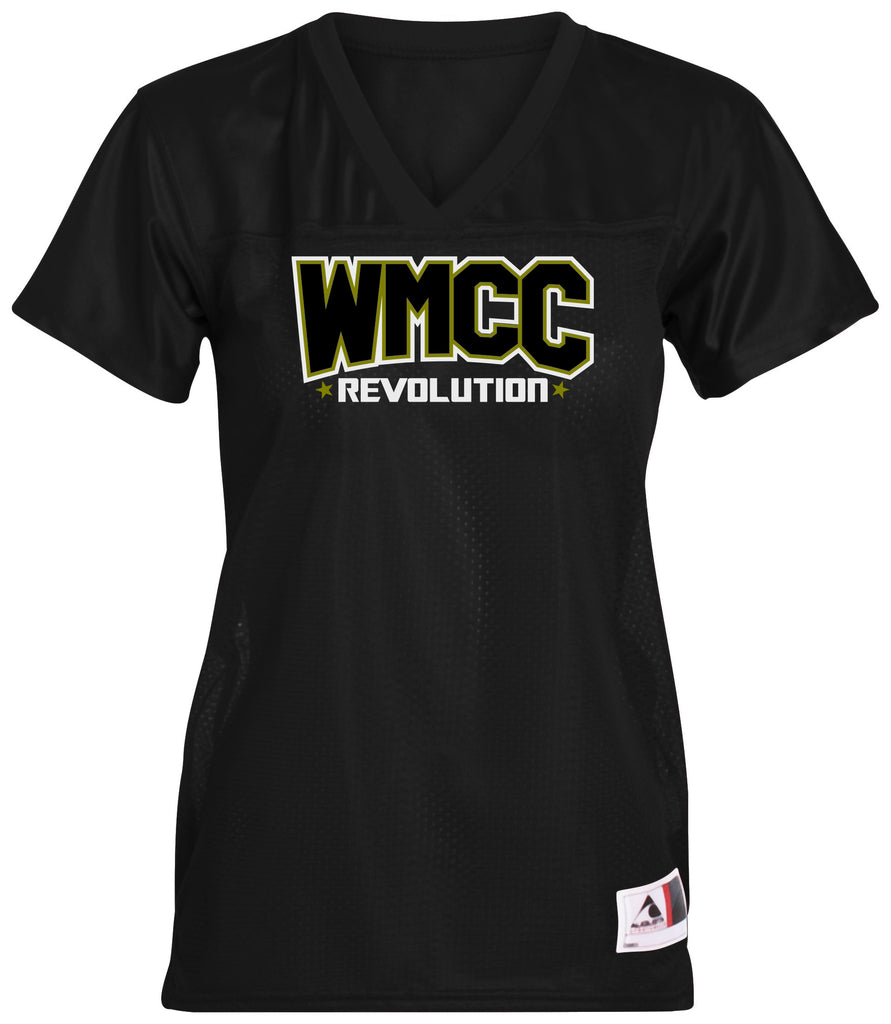 wmcc black replica football jersey tee w/ wmcc logo in 3 color on front.