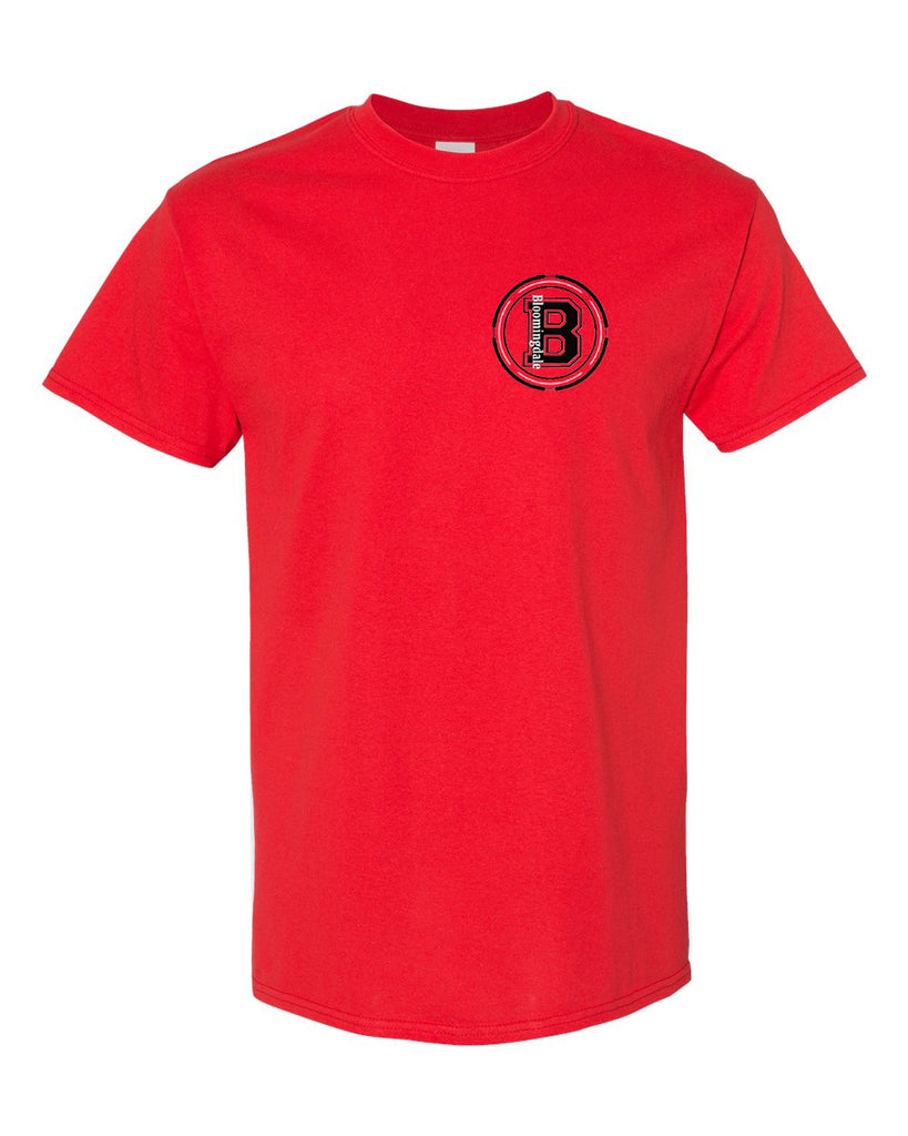bloomingdale pta red short sleeve tee w/ small left chest bloom b logo.