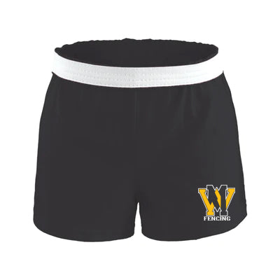 west milford fencing black authentic low rise soffe short w/ gold & white print wm logo on front left leg.