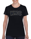 wmcc black short sleeve tee w/ wmcc logo in 3 color spangle on front.