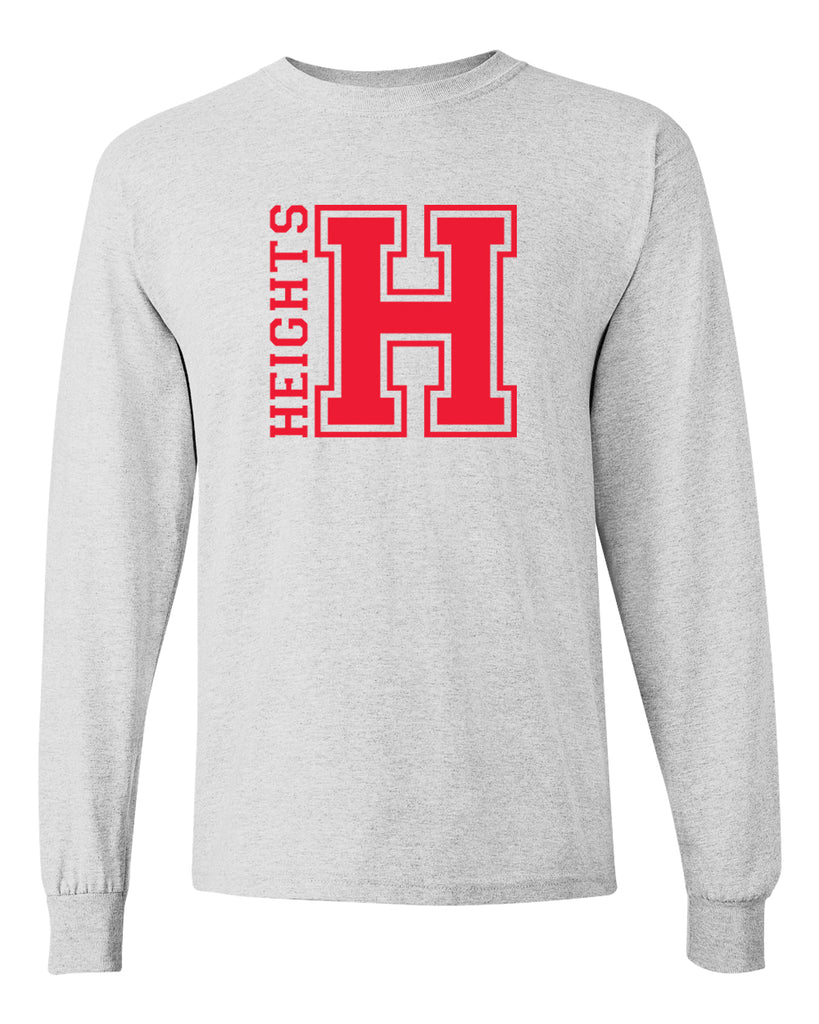 heights sport gray long sleeve tee w/ heights og design in red on front.