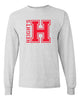 heights sport gray long sleeve tee w/ heights og design in red on front.