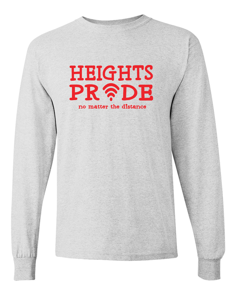 heights sport gray long sleeve tee w/ heights pride design in red on front.