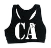 cheer army black sports bra w/ white ca logo on front.