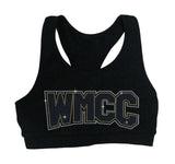 wmcc black sports bra w/ 3 color spangle logo on front.