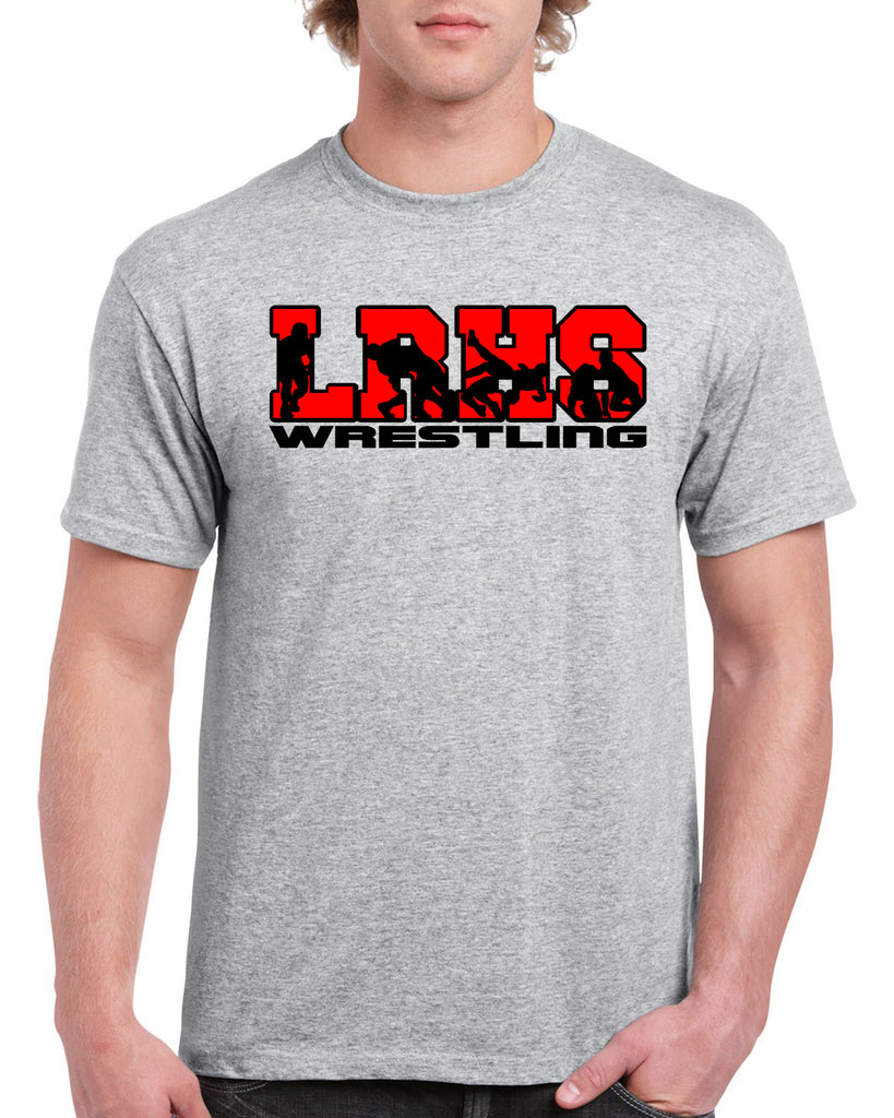 lakeland wrestling sport gray heavy blend shirt w/ lrhs wrestling v2 logo on front.