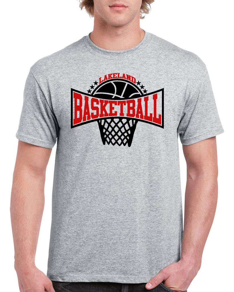 lakeland basketball sport gray heavy blend shirt w/ lakeland basketball v2 logo on front.