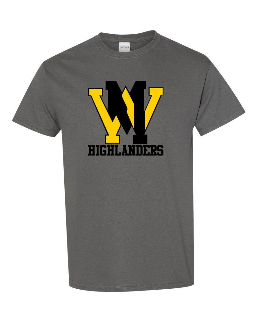 west milford highlanders charcoal short sleeve tee w/ wm logo on front.