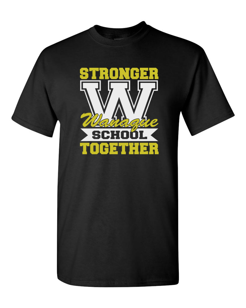 wanaque school black short sleeve tee w/ wanaque school "stronger together" on front.